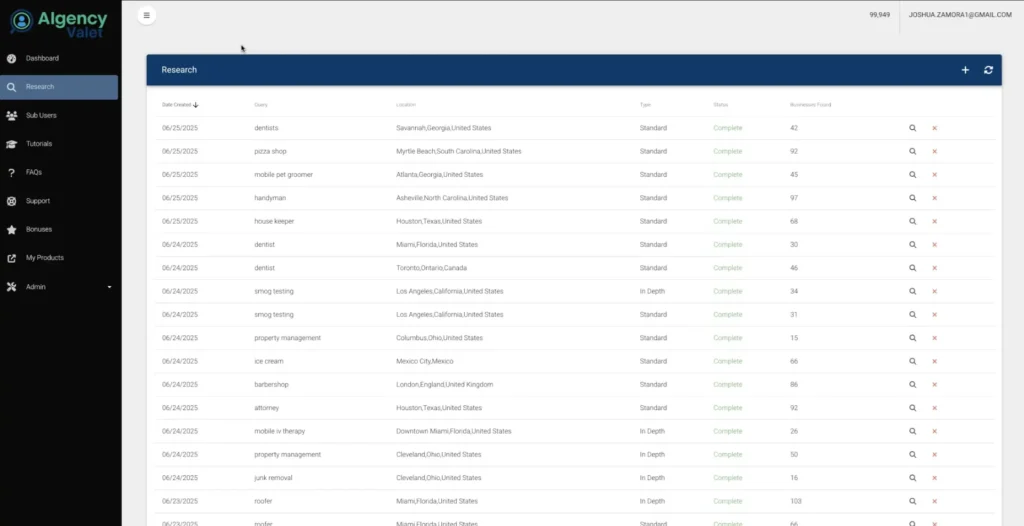 Aigency Valet dashboard showcasing research tab with organized data list and clean user-friendly UI layout