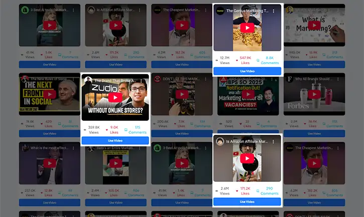 VidMagnet AI-powered tool interface showing viral video suggestions with metrics like views, likes, and comments