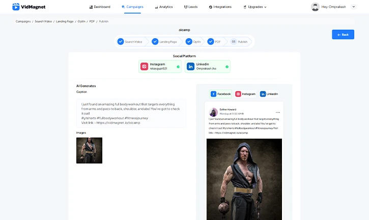 AI-powered VidMagnet dashboard showing automated social media post scheduling for Instagram, Facebook, and LinkedIn