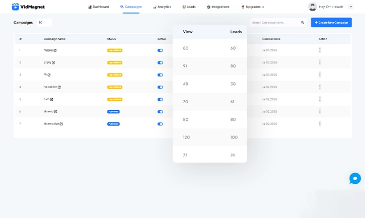 VidMagnet dashboard displaying campaign-level analytics including views, leads, and A/B test tracking in real time