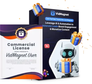 VidMagnet product box with commercial license certificate and robot holding gift to highlight lead generation features