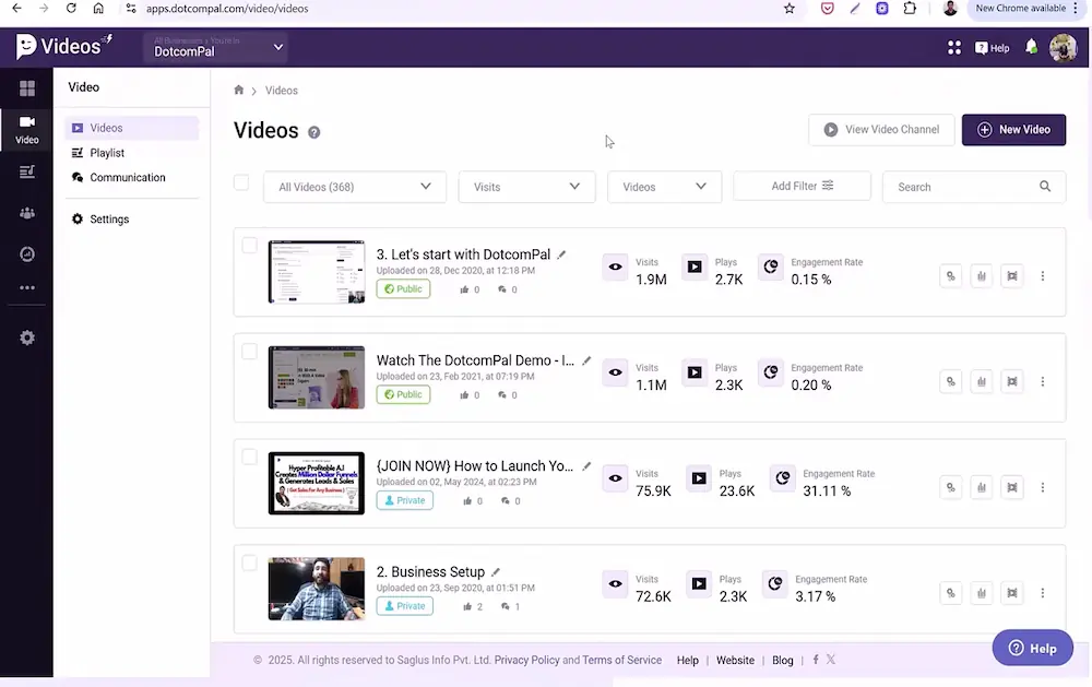 User interface of DotcomPal video dashboard showing public and private video stats and engagement analytics