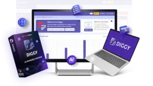 Diggy the Miner AI-powered data scraper interface with dashboard, software box, and branding on laptop and monitor screens