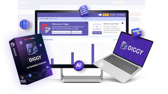 Diggy the Miner Review | Effortless AI Scraping Tool for Leads & Data Diggy the Miner AI-powered data scraper interface with dashboard, software box, and branding on laptop and monitor screens