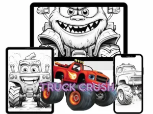 Colorful and black and white monster truck illustrations for kids on tablets and phones from the Truck Crush pack