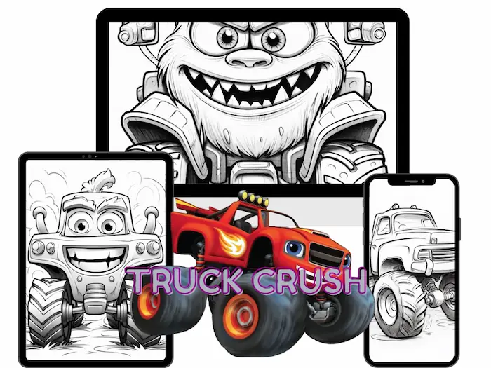 Colorful and black and white monster truck illustrations for kids on tablets and phones from the Truck Crush pack